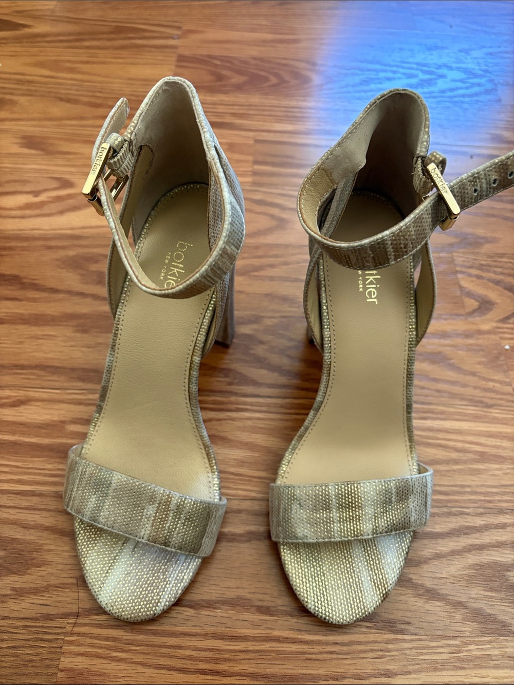 Botkier Metallic Taupe Ankle-Strap Block Heel Sandals